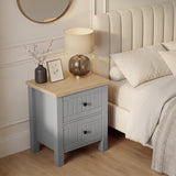 [Grey] Linra 2-drawer bedside table in a bedroom lifestyle setting with soft furnishings and lamp in background