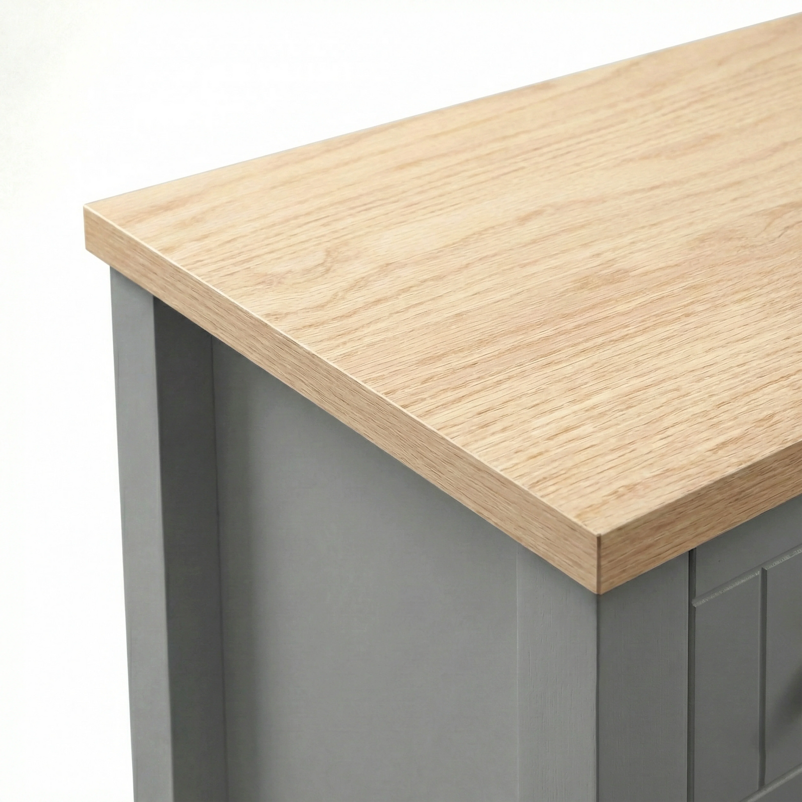 [Grey] Linra 2-drawer bedside table close-up showing drawer handle and beaded panel front detail
