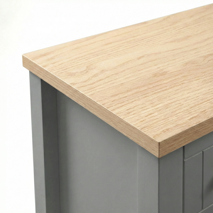 [Grey] Linra 2-drawer bedside table close-up showing drawer handle and beaded panel front detail