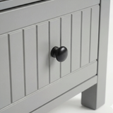 [Grey] Linra 2-drawer bedside table close-up detail showing painted frame finish and oak veneer top edge