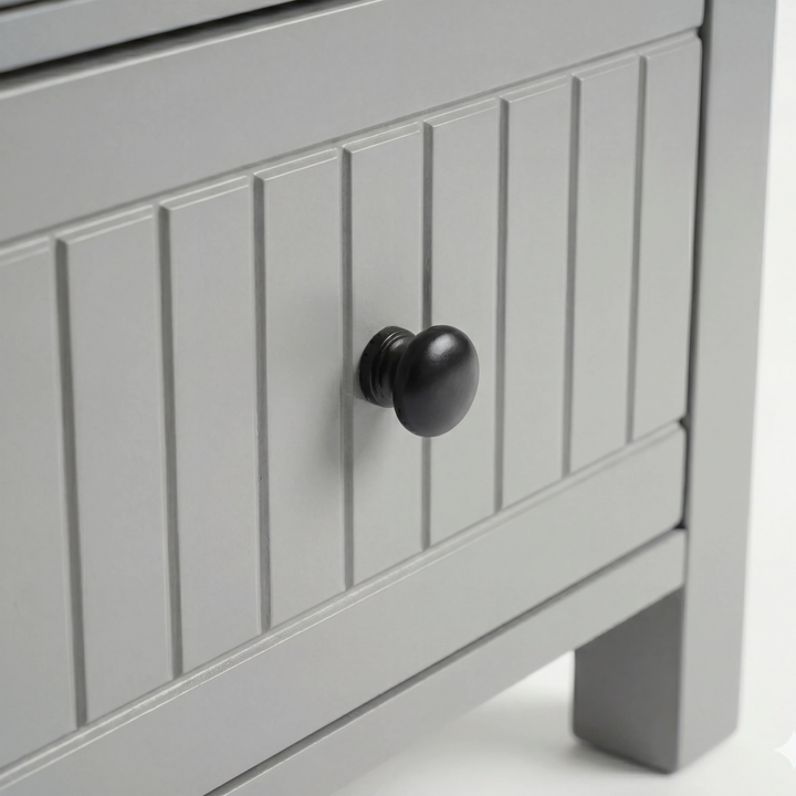 [Grey] Linra 2-drawer bedside table close-up detail showing painted frame finish and oak veneer top edge