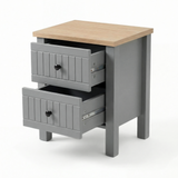 [Grey] Linra 2-drawer bedside table detail view on white background showing drawer front and knob handle