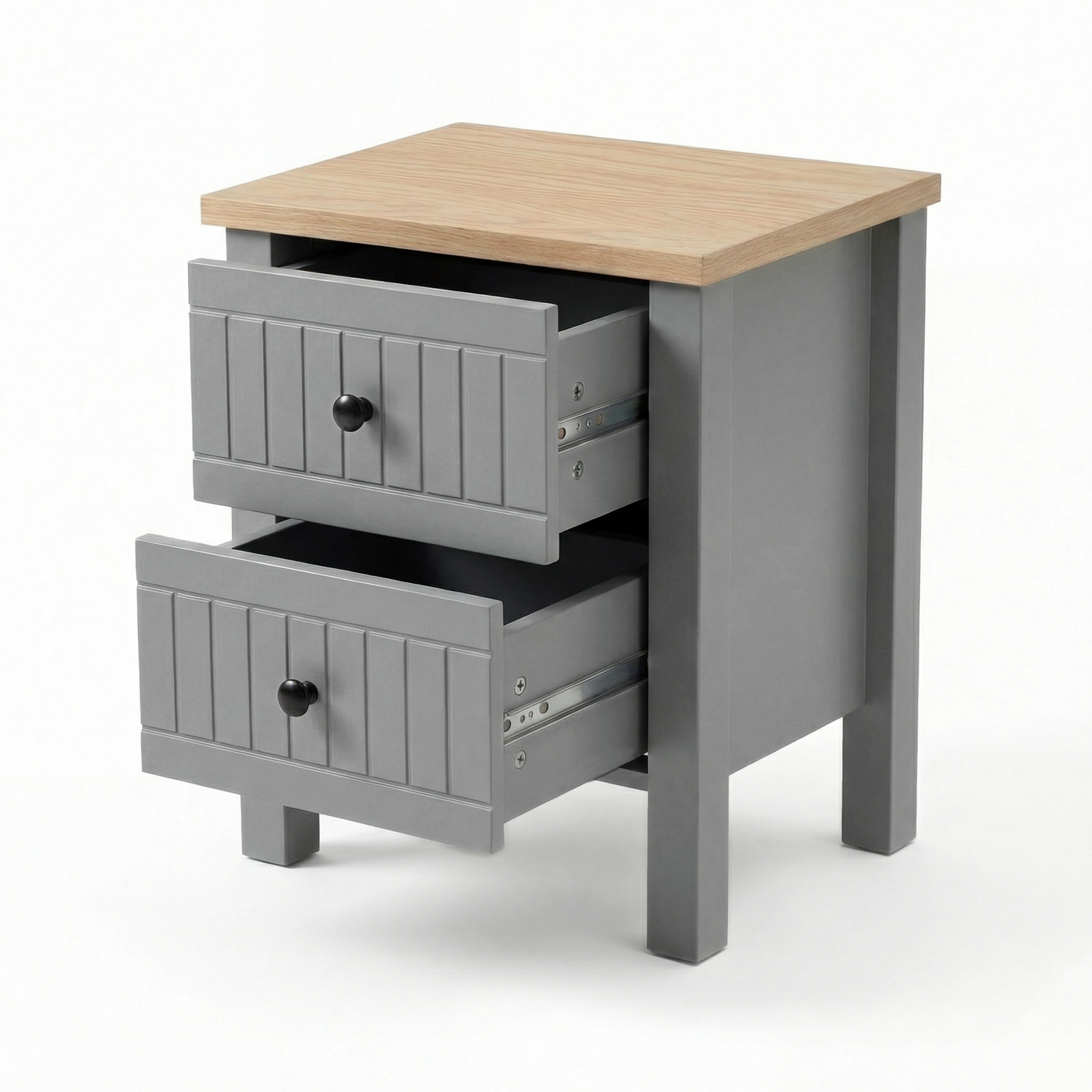 [Grey] Linra 2-drawer bedside table detail view on white background showing drawer front and knob handle