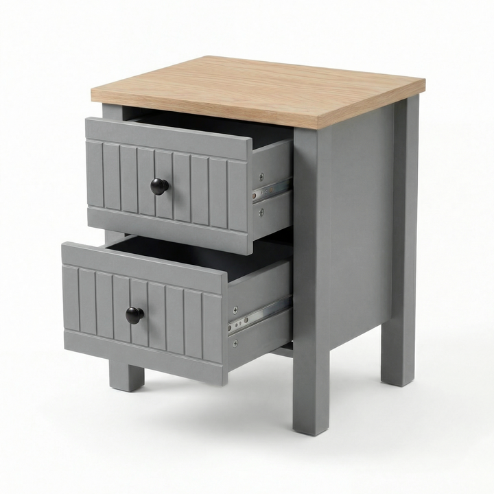 [Grey] Linra 2-drawer bedside table detail view on white background showing drawer front and knob handle