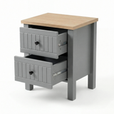 [Grey] Linra 2-drawer bedside table detail view on white background showing drawer front and knob handle