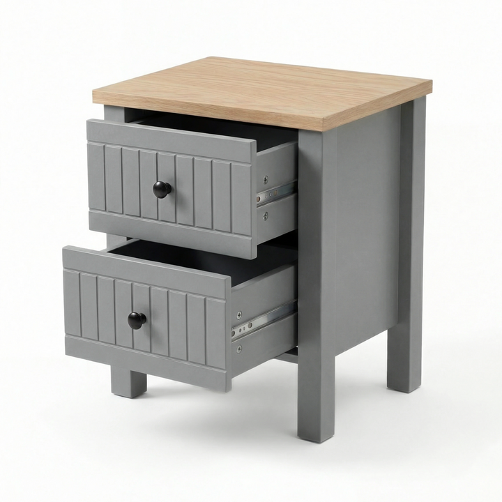 [Grey] Linra 2-drawer bedside table detail view on white background showing drawer front and knob handle