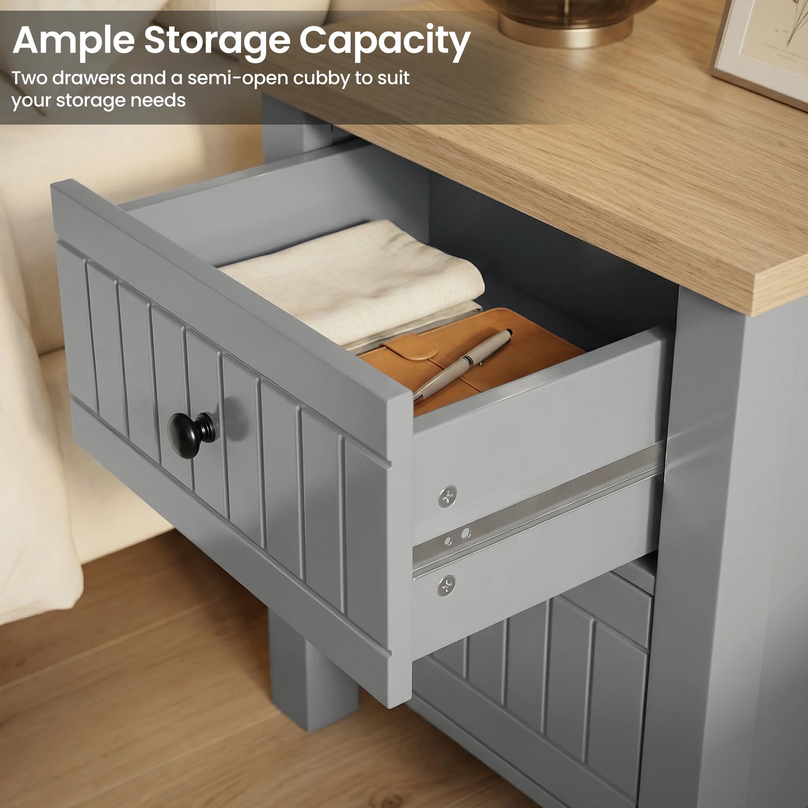 [Grey] Linra 2-drawer bedside table front view on white background showing painted frame and oak veneer top