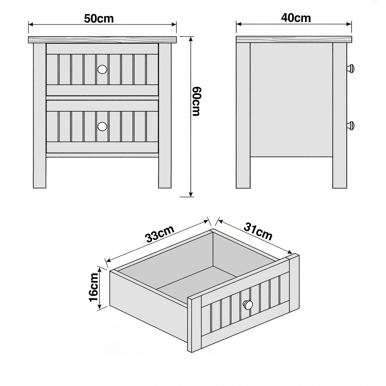 [Grey] Linra 2-drawer bedside table detail close-up showing drawer handle and painted frame surface texture