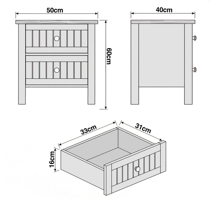 [Grey] Linra 2-drawer bedside table detail close-up showing drawer handle and painted frame surface texture