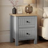 [Grey] Linra 2-drawer bedside table main image showing painted frame, drawers and oak veneer top on neutral background