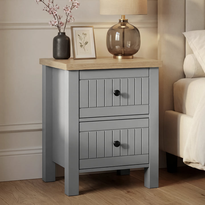 [Grey] Linra 2-drawer bedside table main image showing painted frame, drawers and oak veneer top on neutral background