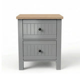 [Grey] Linra 2-drawer bedside table side profile view on white background showing frame depth and leg detail