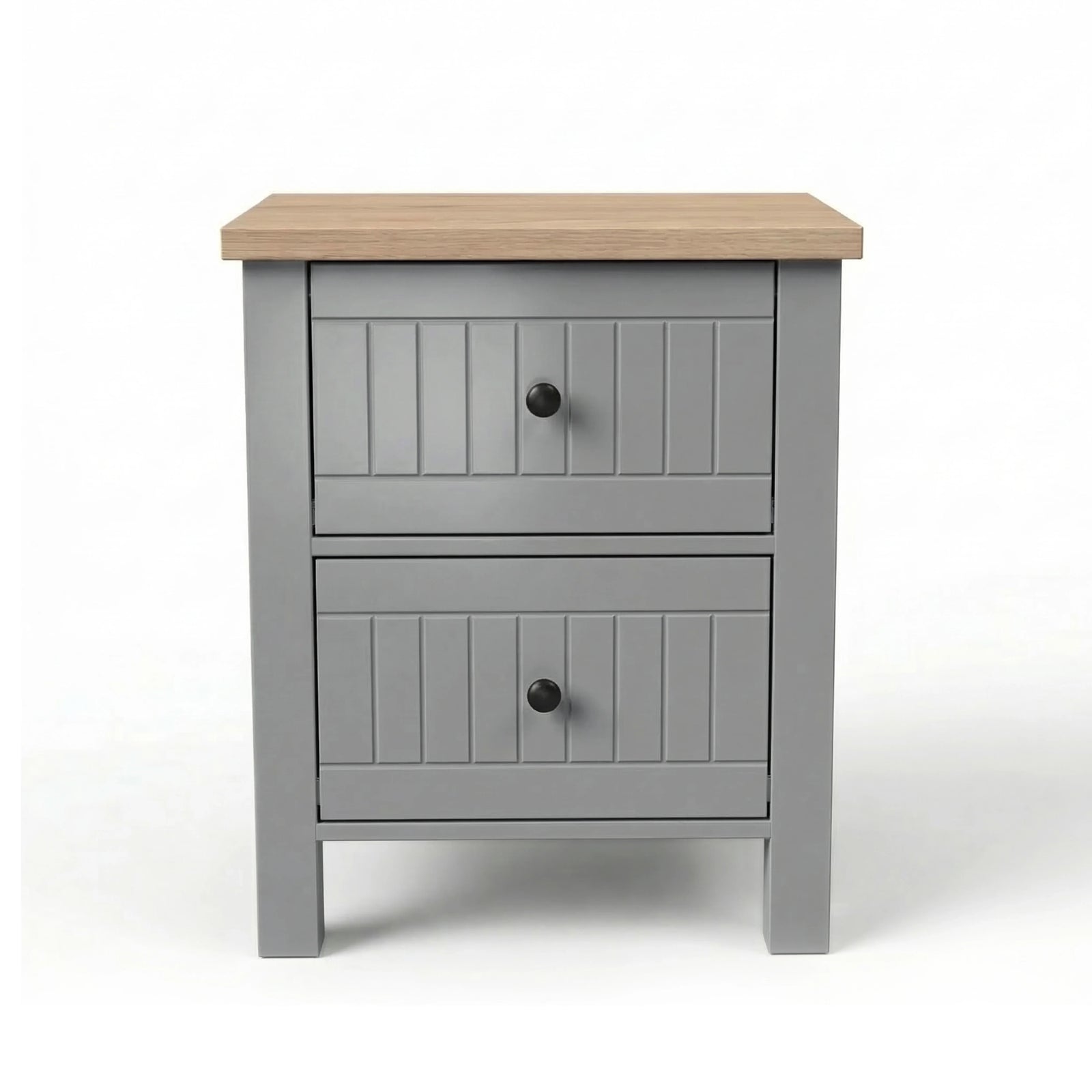 [Grey] Linra 2-drawer bedside table side profile view on white background showing frame depth and leg detail