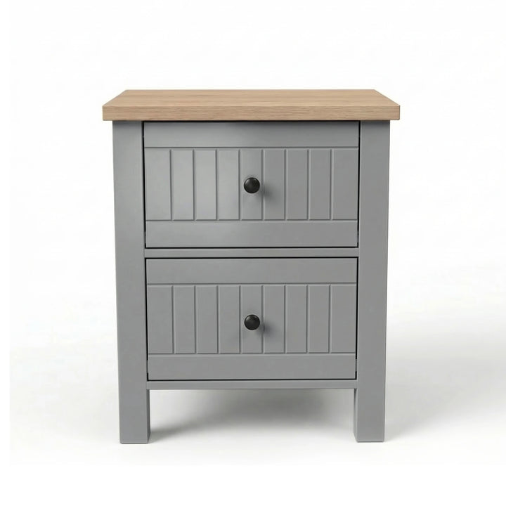 [Grey] Linra 2-drawer bedside table side profile view on white background showing frame depth and leg detail