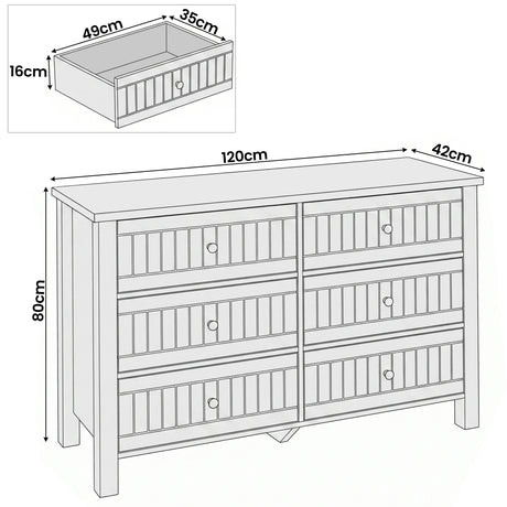 [Grey] Linra 6-drawer chest dimensions diagram showing width, depth and height measurements with drawer detail