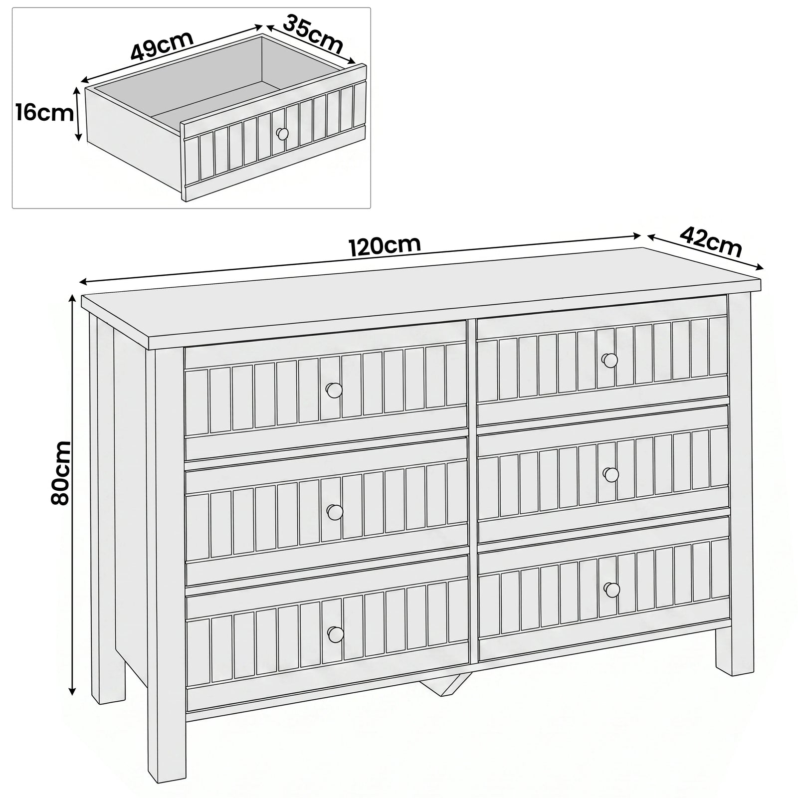 [Grey] Linra large 6 drawer chest dimensions 120 x 42 x 80 cm with drawer interior 49 x 35 x 16 cm