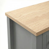 [Grey] Linra large 6 drawer chest oak veneer top corner close-up showing wood grain and painted side