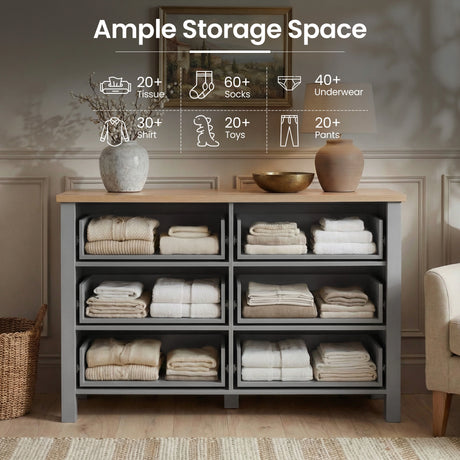 [Grey] Linra 6-drawer chest with drawers open showing interior storage capacity with feature annotation overlay