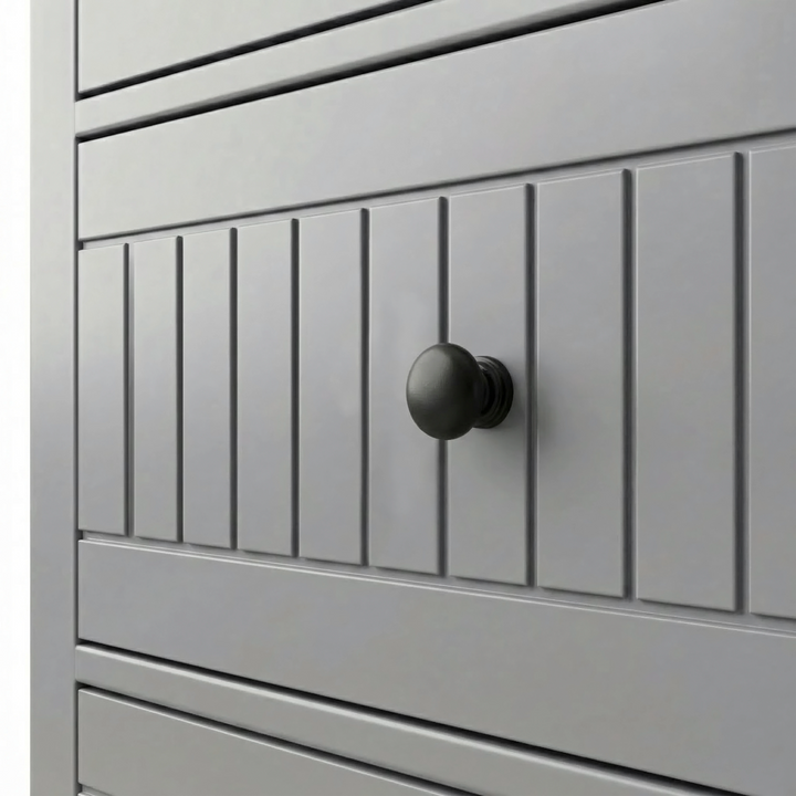 [Grey] Linra large 6 drawer chest detail of vertical groove panelling and circular black knob handle