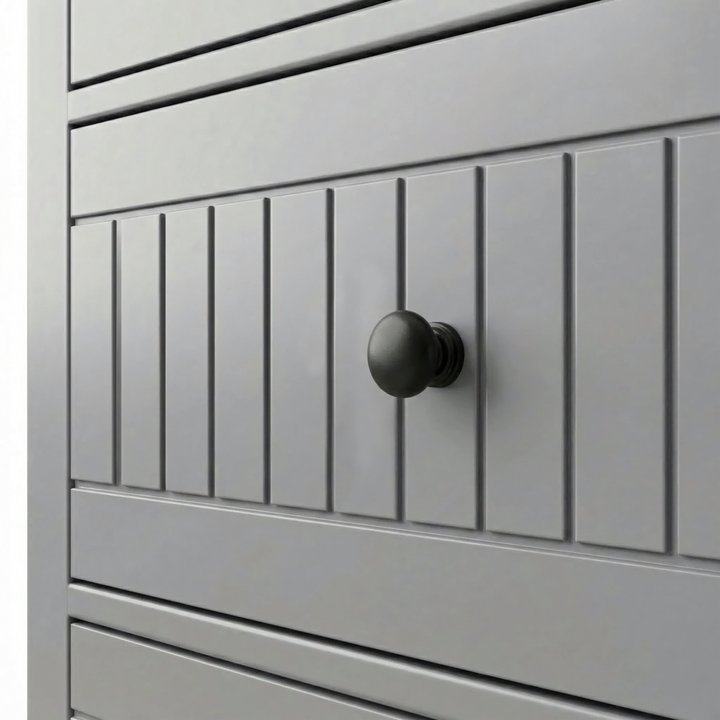 [Grey] Linra large 6 drawer chest detail of vertical groove panelling and circular black knob handle
