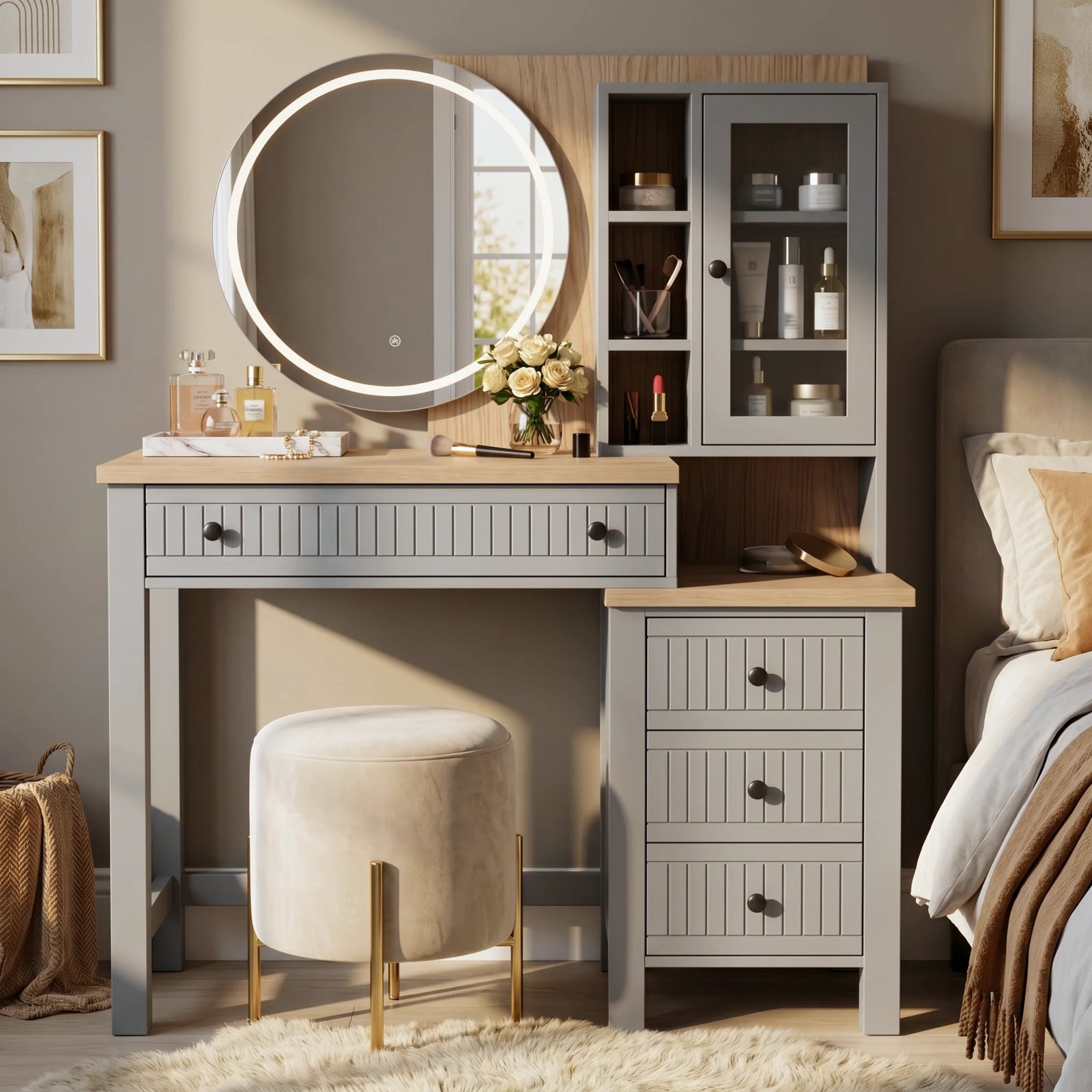 [Grey] Linra Grey Painted Dressing Table with LED Mirror and Storage straight-on view next to a bed with a velvet stool.