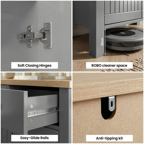 [Grey] Linra 135cm sideboard detail showing soft-close hinge hardware and cable routing hole with text overlay