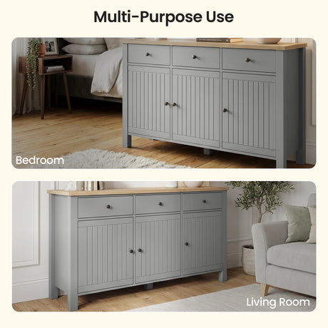 [Grey] Linra 135cm sideboard in a bedroom setting showing multi-purpose use with feature annotation text overlay