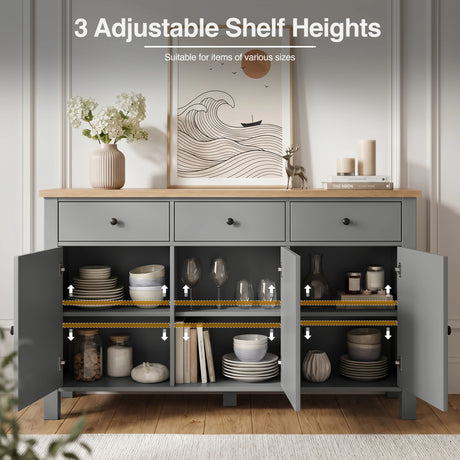 [Grey] Linra 135cm sideboard with doors open showing 3 adjustable shelf heights with feature annotation overlay