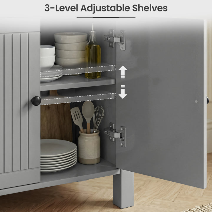 [Grey] Linra grey 2 door sideboard interior detail, plates and oil bottle on adjustable shelves with hinge view