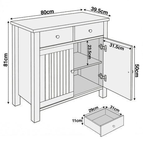 [Grey] Linra 80cm sideboard dimensions diagram showing width, depth and height measurements with door detail
