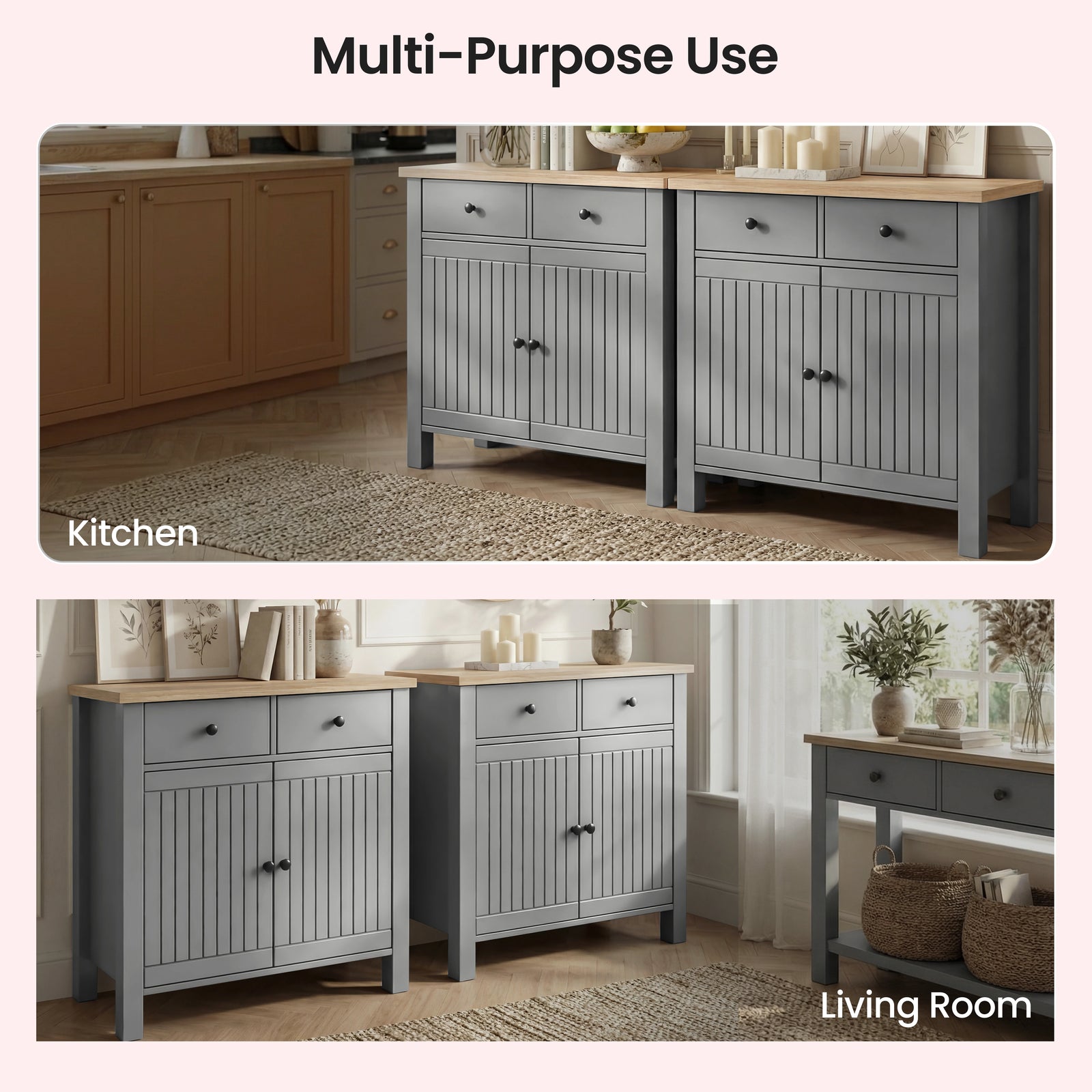 [Grey] Linra grey sideboard placement examples, identical unit shown in kitchen and lounge contexts