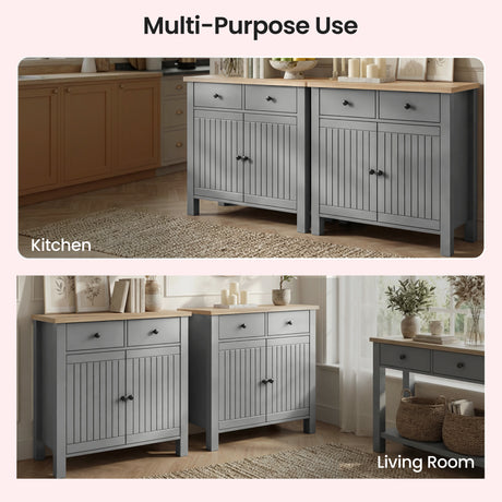 [Grey] Linra 80cm sideboard in a living room setting with decorative accessories arranged on oak veneer top