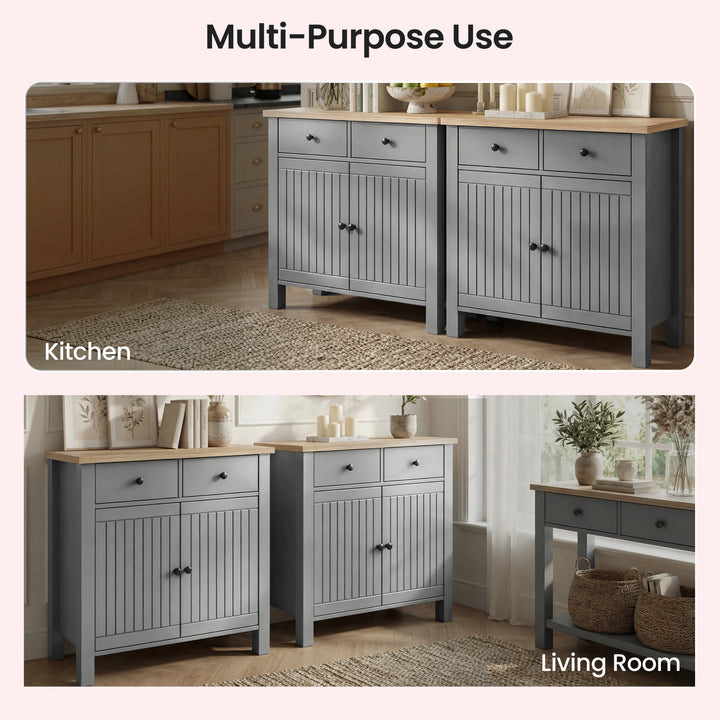 [Grey] Linra grey sideboard placement examples, identical unit shown in kitchen and lounge contexts