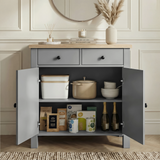 [Grey] Linra grey sideboard dimensions diagram, overall 80cm wide x 39.5cm deep x 81cm high with door open