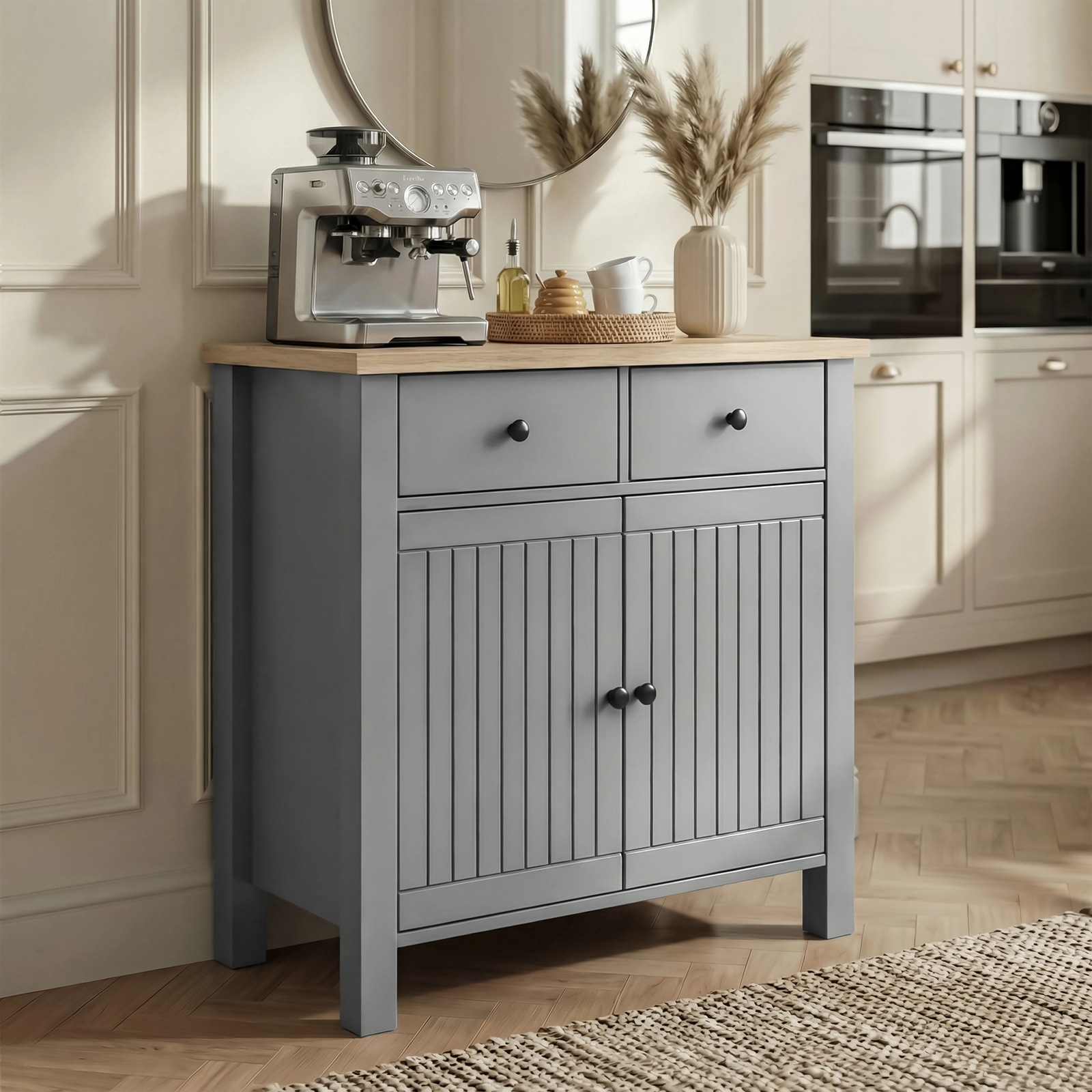 [Grey] Linra grey sideboard kitchen lifestyle, painted unit on tapered legs beside cream cabinetry and oven