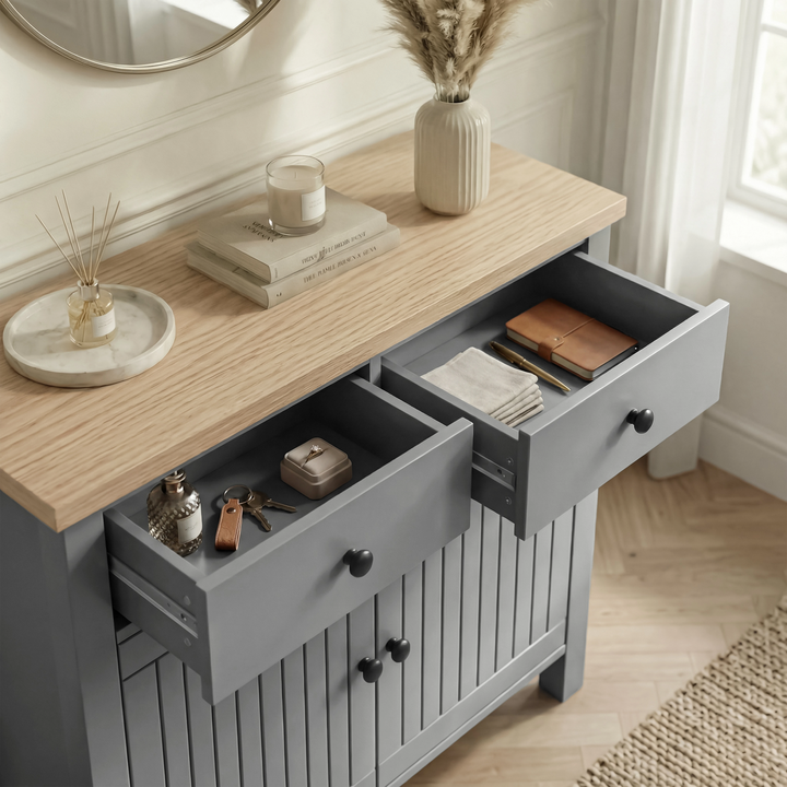 [Grey] Linra grey sideboard with both top drawers pulled out, watches and perfume left, leather wallets right