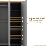 [Grey] Linra wardrobe with door ajar revealing rail, plus open base drawer showing storage depth