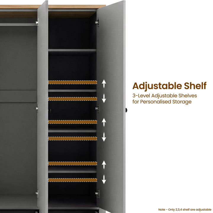 [Grey] Linra wardrobe with door ajar revealing rail, plus open base drawer showing storage depth