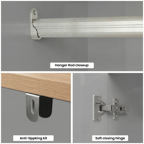 [Grey] Linra wardrobe detail composite showing metal hanging rail close-up, soft-close hinge, and 3.2cm oak top edge