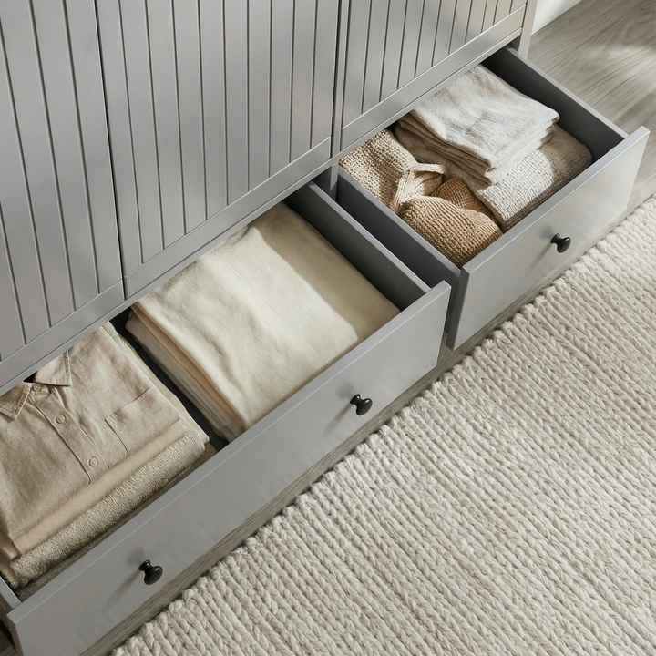 [Grey] Linra wardrobe right door open showing 3-level adjustable shelves marked 1, 2, 3