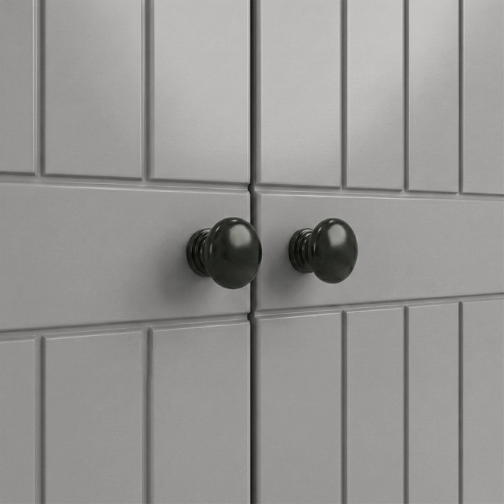 [Grey] Macro Linra wardrobe brass knob mounted on grooved drawer with painted finish