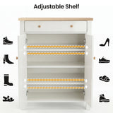 [White] Linra White 4 Tier Painted Shoe Storage Cabinet diagram illustrating the adjustable shelf heights with dashed lines and icons representing various types of boots, heels, and sandals