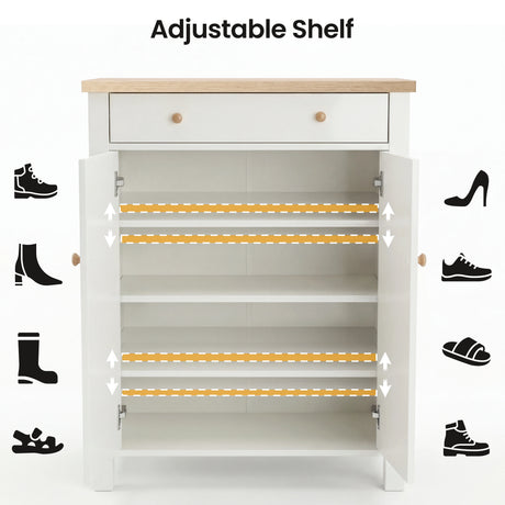 [White] Linra White 4 Tier Painted Shoe Storage Cabinet diagram illustrating the adjustable shelf heights with dashed lines and icons representing various types of boots, heels, and sandals