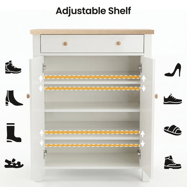 [White] Linra White 4 Tier Painted Shoe Storage Cabinet diagram illustrating the adjustable shelf heights with dashed lines and icons representing various types of boots, heels, and sandals