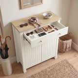 [White] Linra White 4 Tier Painted Shoe Storage Cabinet elevated view showing the top drawer pulled open, revealing compartmentalized storage for wallets, keys, sunglasses, and daily essentials