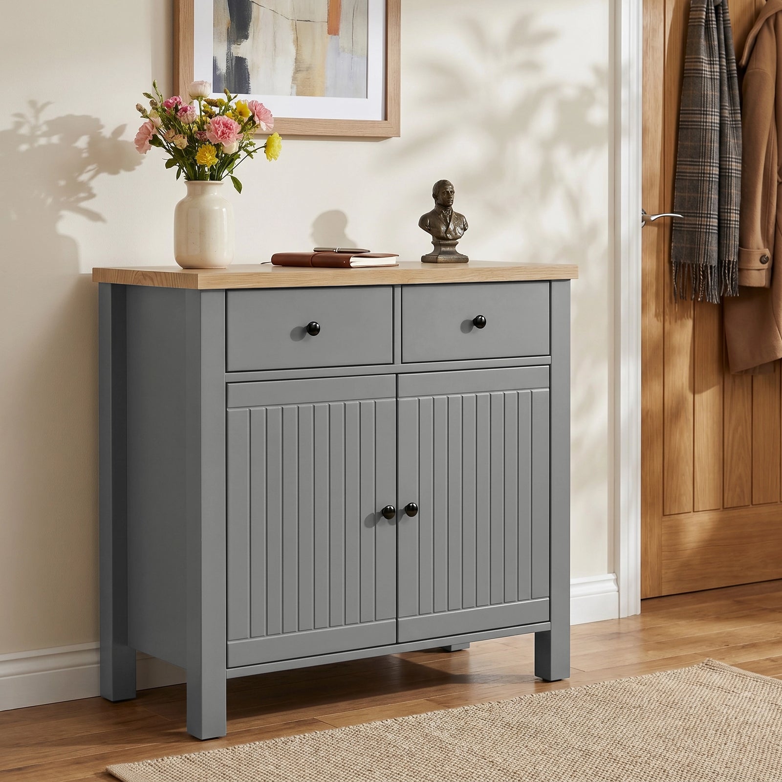 [Grey] Linra Grey Painted 2 Door Sideboard with Drawers - Oak Top shown from an angled side perspective in a hallway.