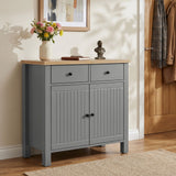 [Grey] Linra Grey Painted 2 Door Sideboard with Drawers - Oak Top shown from an angled side perspective in a hallway.