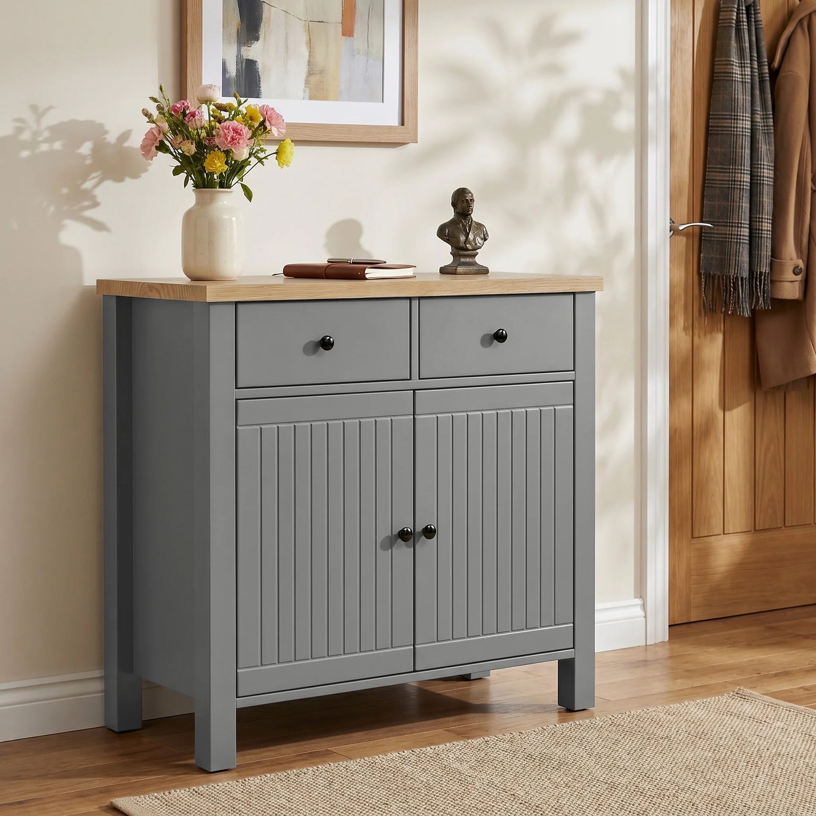 [Grey] Linra Grey Painted 2 Door Sideboard with Drawers - Oak Top shown from an angled side perspective in a hallway.