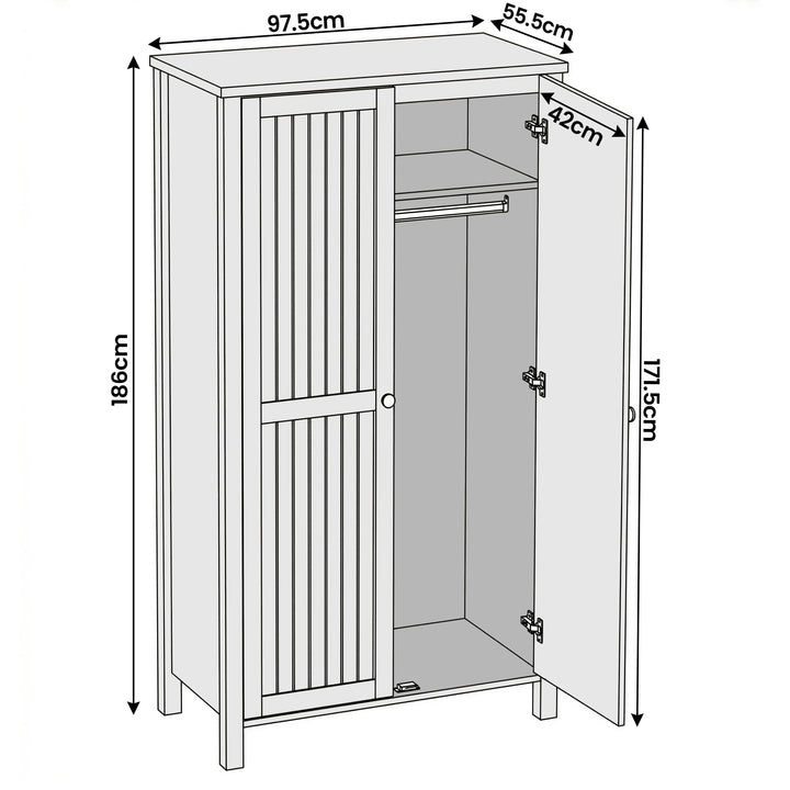 [Black] Linra 2 door wardrobe dimensions diagram: W97.5 x D55.5 x H186cm, internal height 171.5cm
