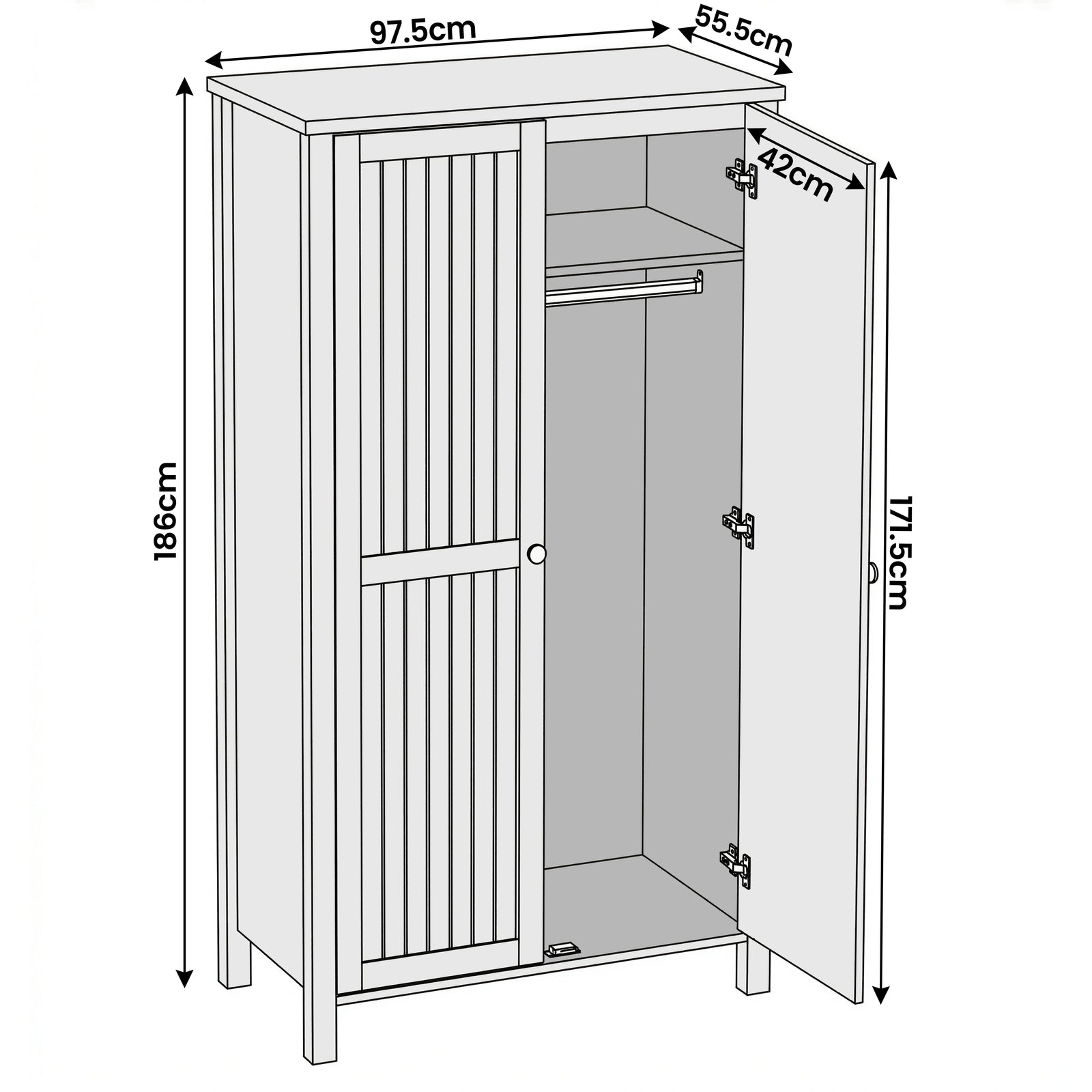 [Black] Linra 2 door wardrobe dimensions diagram: W97.5 x D55.5 x H186cm, internal height 171.5cm